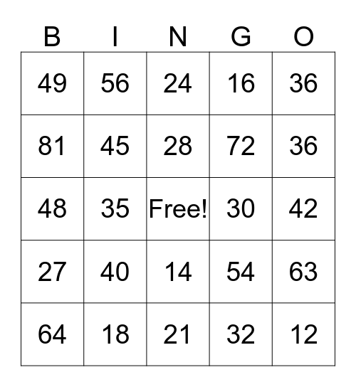 Multiplication Bingo Card