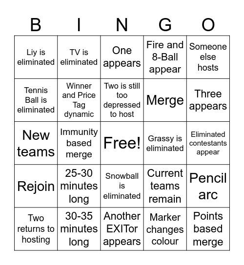 BFDI:TPOT Tour Episode Predictions Bingo Card