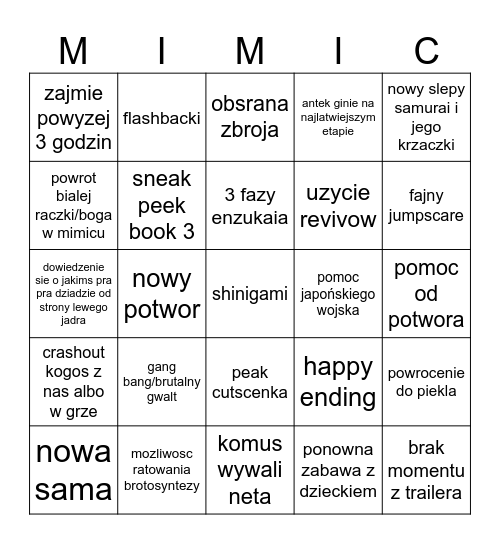 Mimic👅 Bingo Card