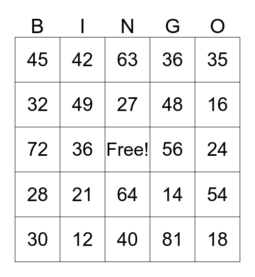 Multiplication Bingo Card