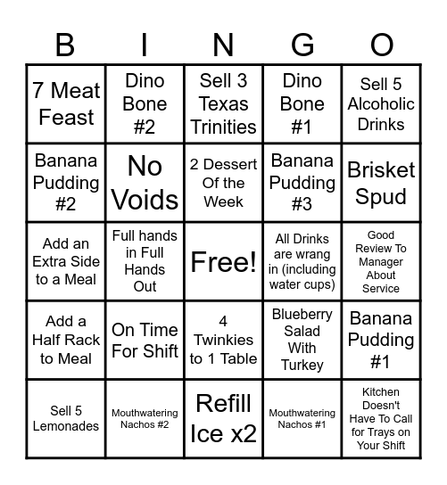 Saturday Server Bingo Card