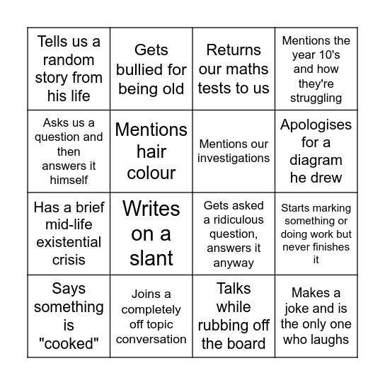 Maths Lesson Bingo Card