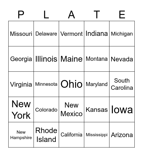 Licence Plate Bingo Card