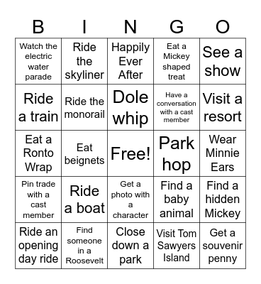 Disney Park Bingo Card