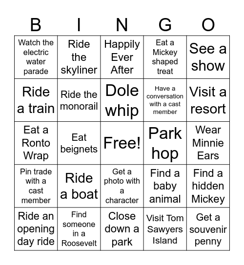 Disney Park Bingo Card