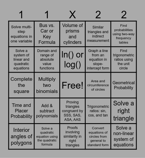 Math 2 Honors Final Bingo Card