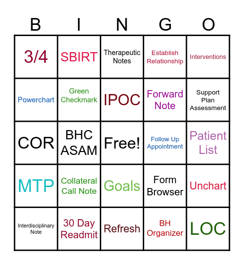 CERNER BHC Therapist Bingo Card
