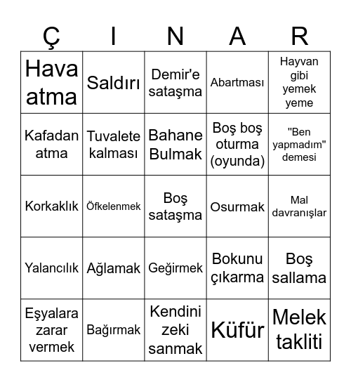 Çınar Bingo'su Bingo Card