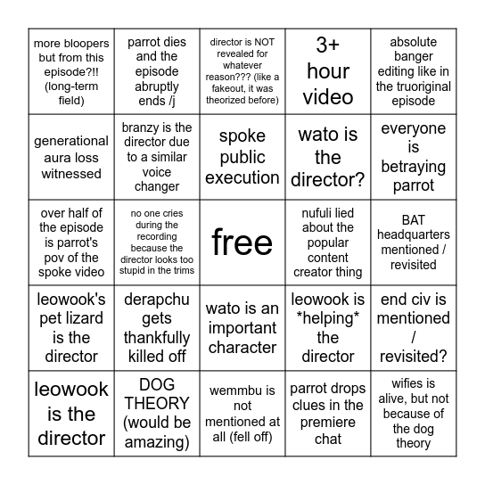 unstable universe - director reveal Bingo Card