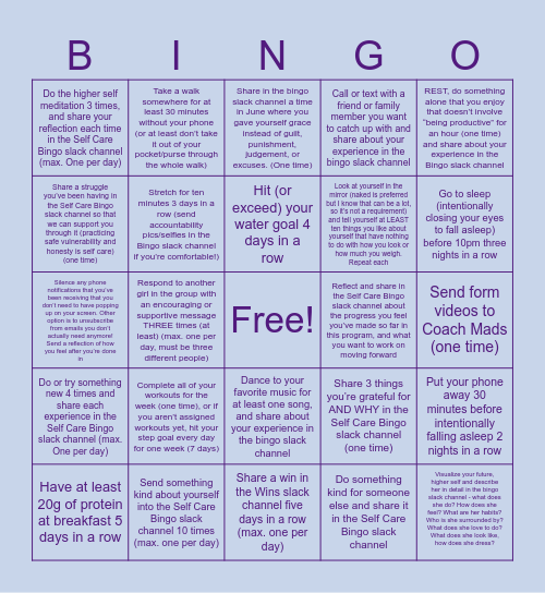 Self Care Bingo Card