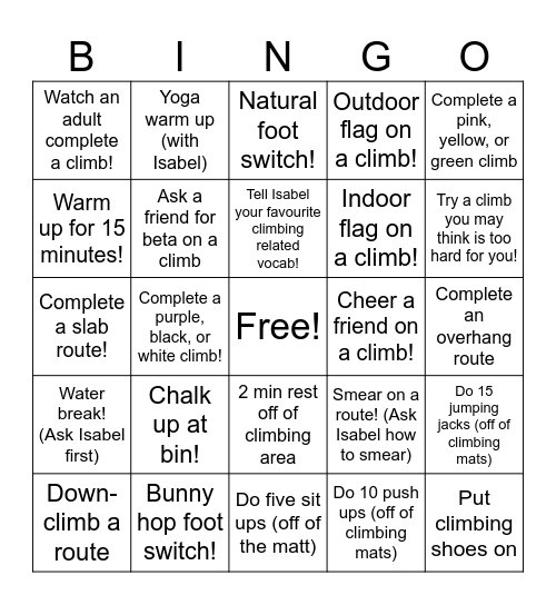 Climbing Bingo! Bingo Card