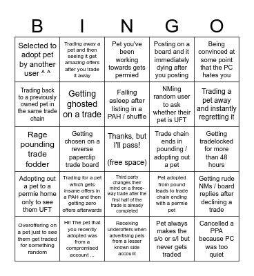 PC Trading Experience Bingo Card