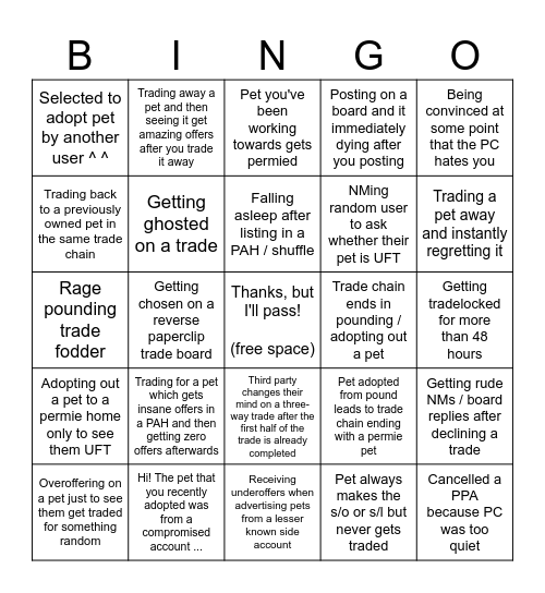 PC Trading Experience Bingo Card
