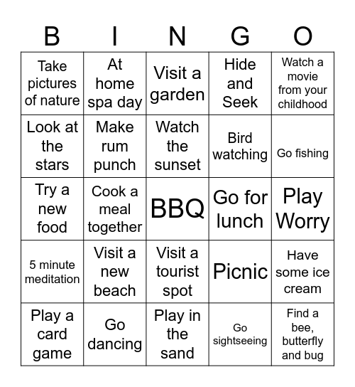 Fun Things To Do Bingo Card