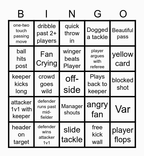 Champions League Final Bingo Card