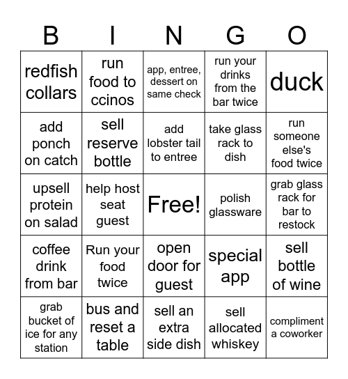 Dinner Bingo! Bingo Card