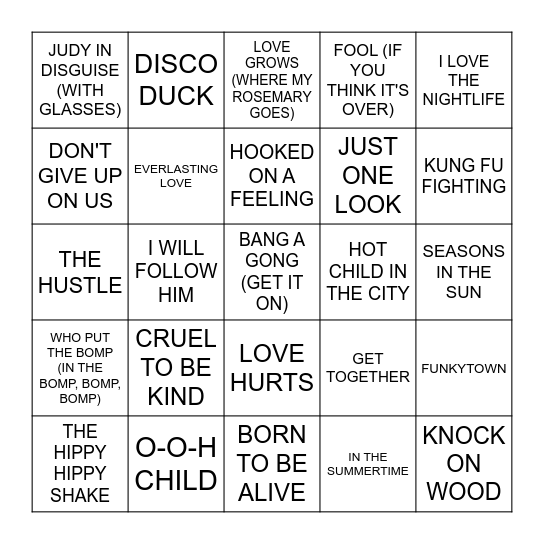 ONE HIT WONDERS 60S & 70S Bingo Card