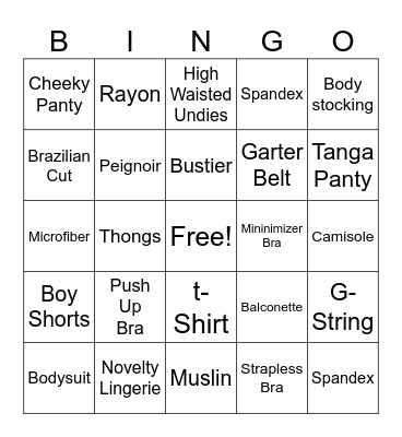 Lingerie Party Bingo Card