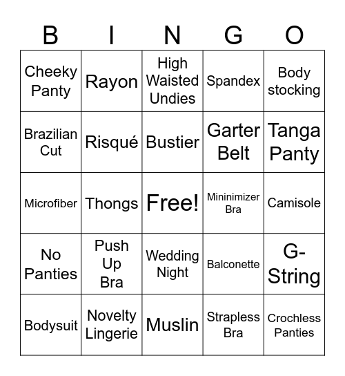 Lingerie Party Bingo Card