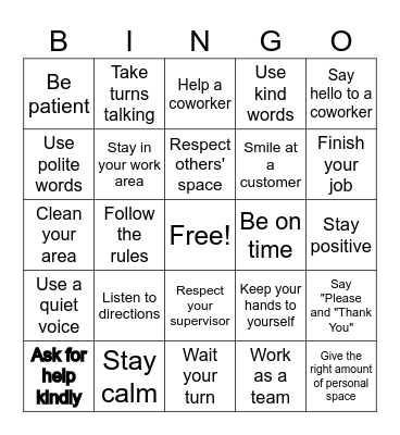 Positive Workplace Behavior Bingo Card