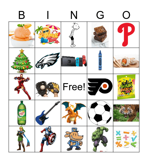 Xavier's Favorite Things Bingo Card