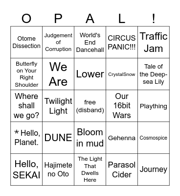 opal's wedding live bingo! Bingo Card