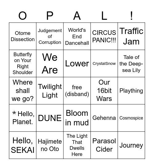 opal's wedding live bingo! Bingo Card