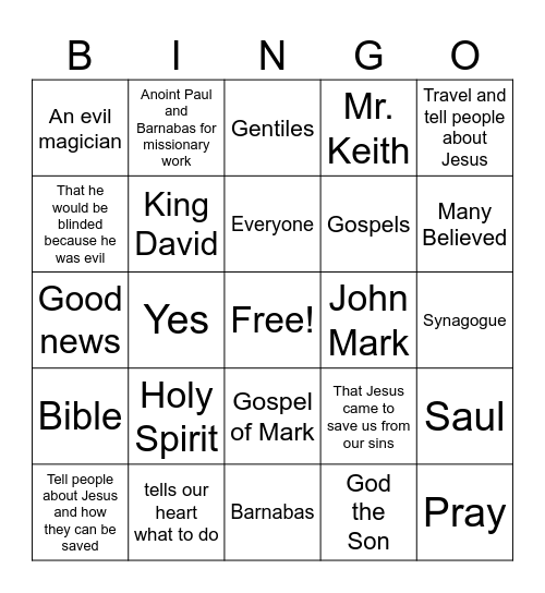 Missionaries Paul and Barnabas Bingo Card