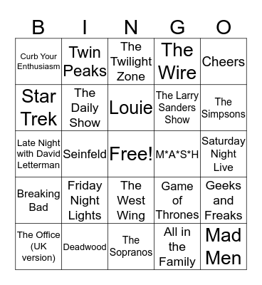 Top 24 TV Shows Bingo Card