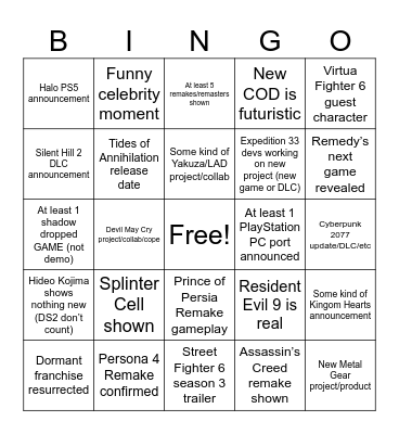 Summer Game Fest Bingo Card