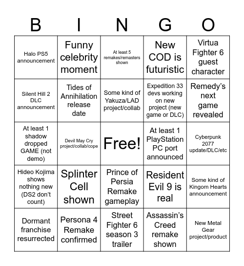 Summer Game Fest Bingo Card