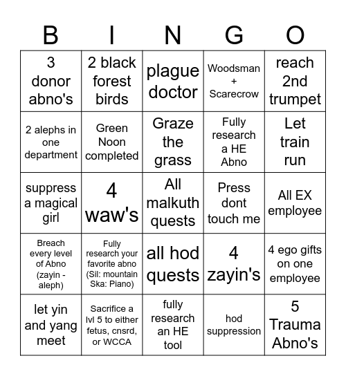 Lobotomy bingo Card