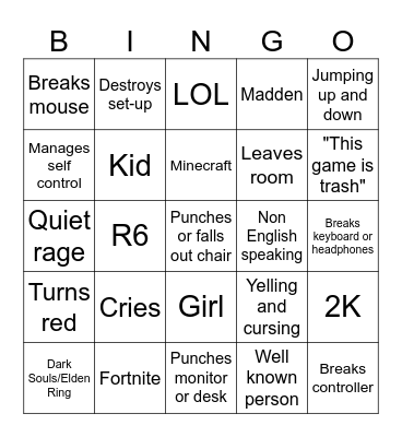 Gamer Rage (New) Bingo Card