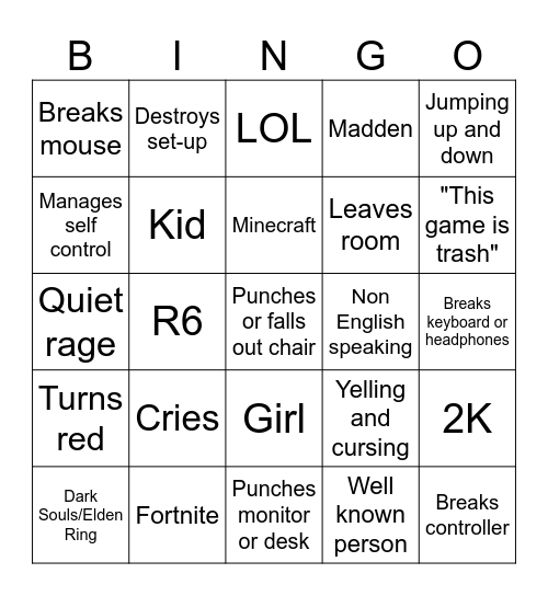 Gamer Rage (New) Bingo Card