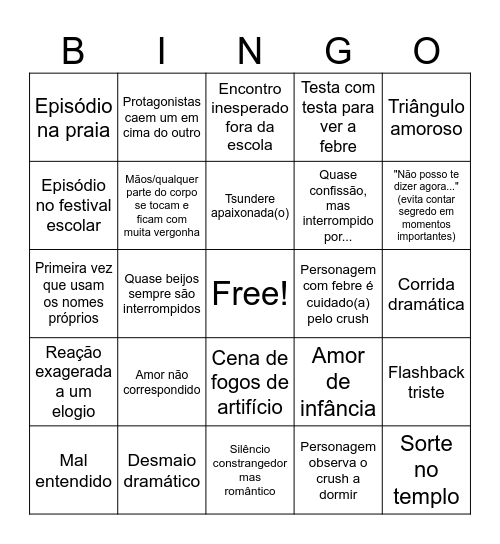 Bingo para anime de romance generico Bingo Card