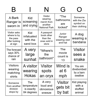 Visitor Center Bingo Week One Bingo Card
