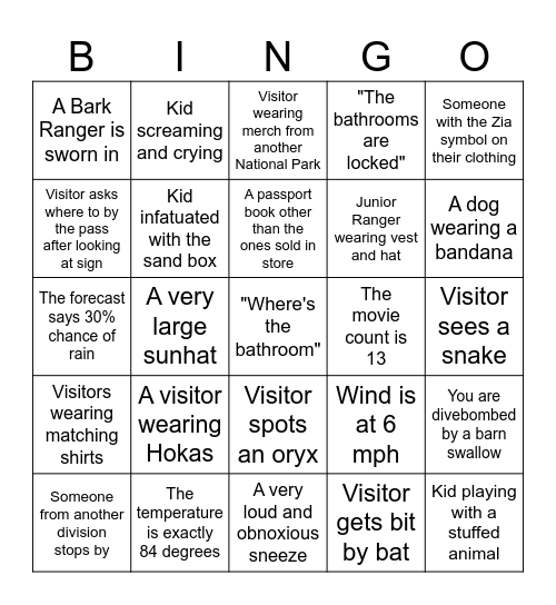 Visitor Center Bingo Week One Bingo Card