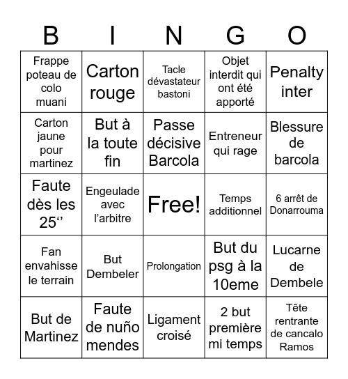 PSG inter Bingo Card