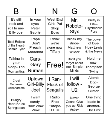 AA38 LUV THE 80's! Bingo Card