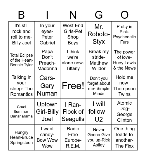 AA38 LUV THE 80's! Bingo Card