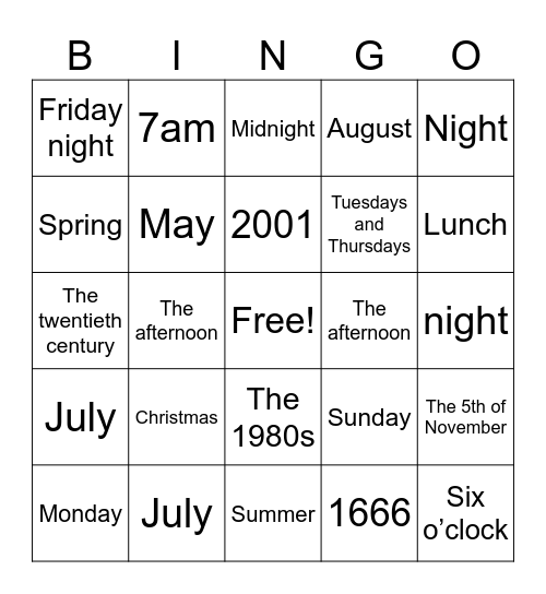 PREPOSITIONS Bingo Card