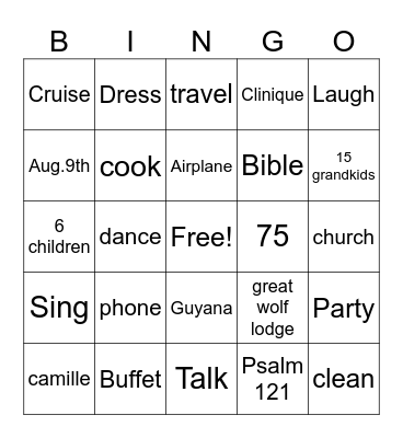 Camille's 75th Birthday Bingo Card