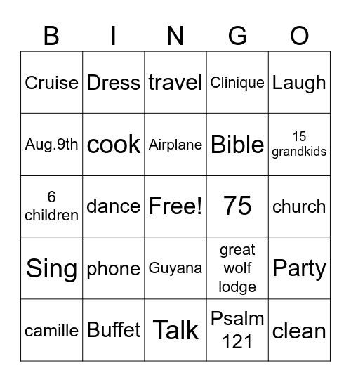 Camille's 75th Birthday Bingo Card