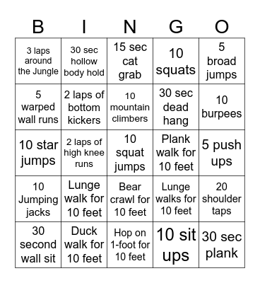 Fitness Bingo Card