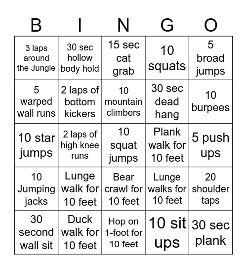 Fitness Bingo Card