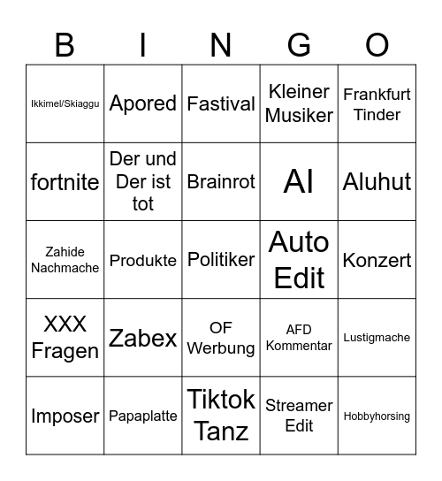 Tiktok Bingo Card