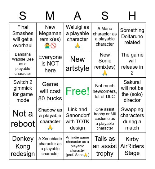 Smash 6 Predictions Bingo Card