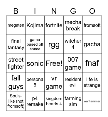 SGF Main show Bingo Card
