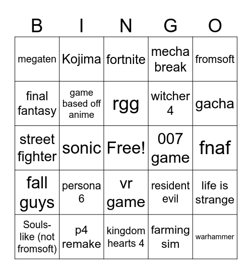 SGF Main show Bingo Card
