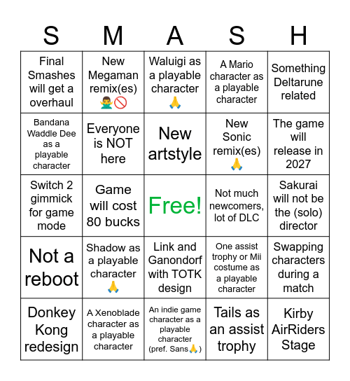 Smash 6 Predictions Bingo Card